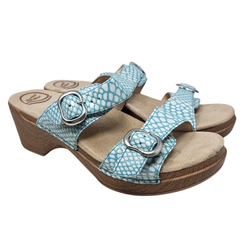 Dansko 41 Sophie Blue Snake Print Leather Slide Comfort Sandal Coastal Preppy